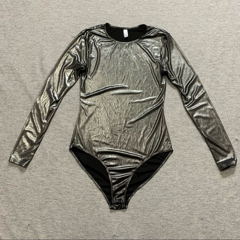 American Apparel Silver Long Sleeve Metallic Bodysuit Women’s Size Large